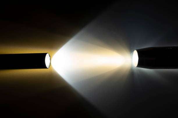 Two beams of light from flashlights, one warm, one cool, headlamp alternative