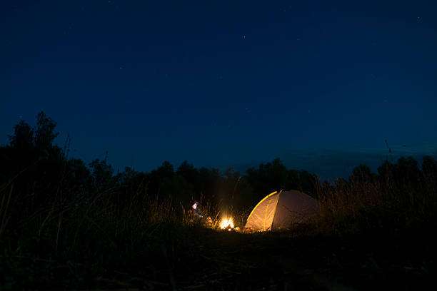 Camping tent illuminated by campfire and headlamp light at night.