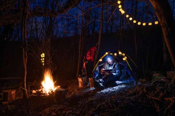 Camper in tent uses headlamp by campfire at night.