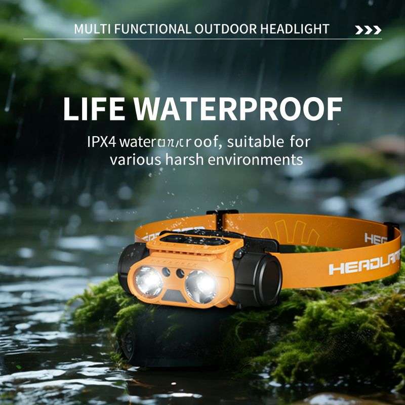 Waterproof outdoor headlamp with dual bright LEDs on mossy rocks.
