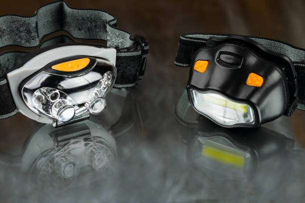 Two camping headlamp lights with elastic straps.
