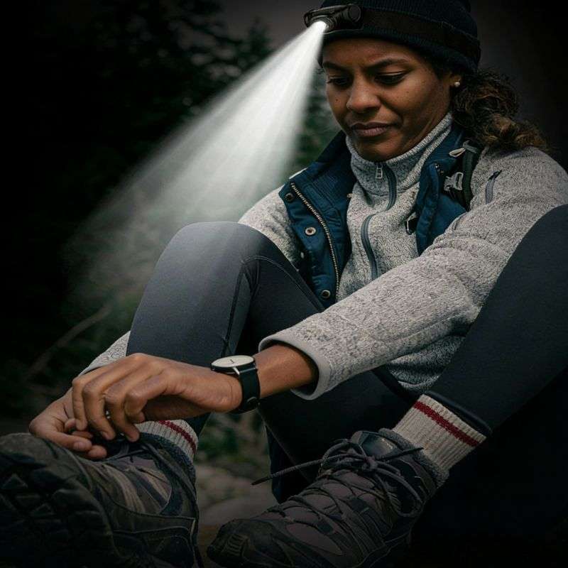 Woman with headlamp adjusting her shoe while hiking.