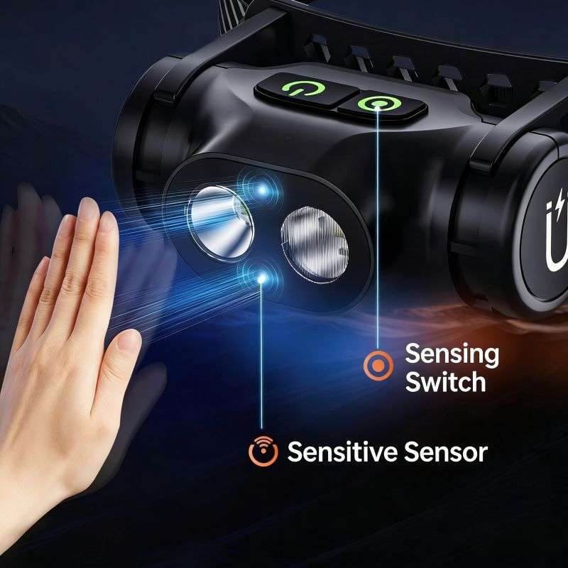 Black headlamp features sensing switch and sensor.