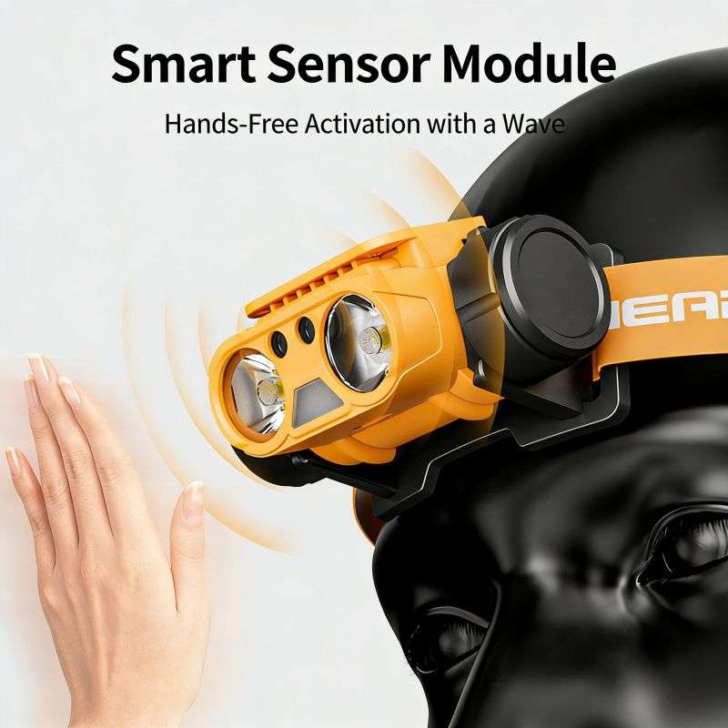 Smart sensor headlamp in orange, activated by hand gesture for hands-free illumination.