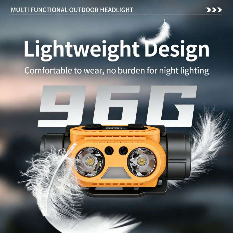 Lightweight orange headlamp (96G) with dual lights, suitable for multi-functional outdoor use.