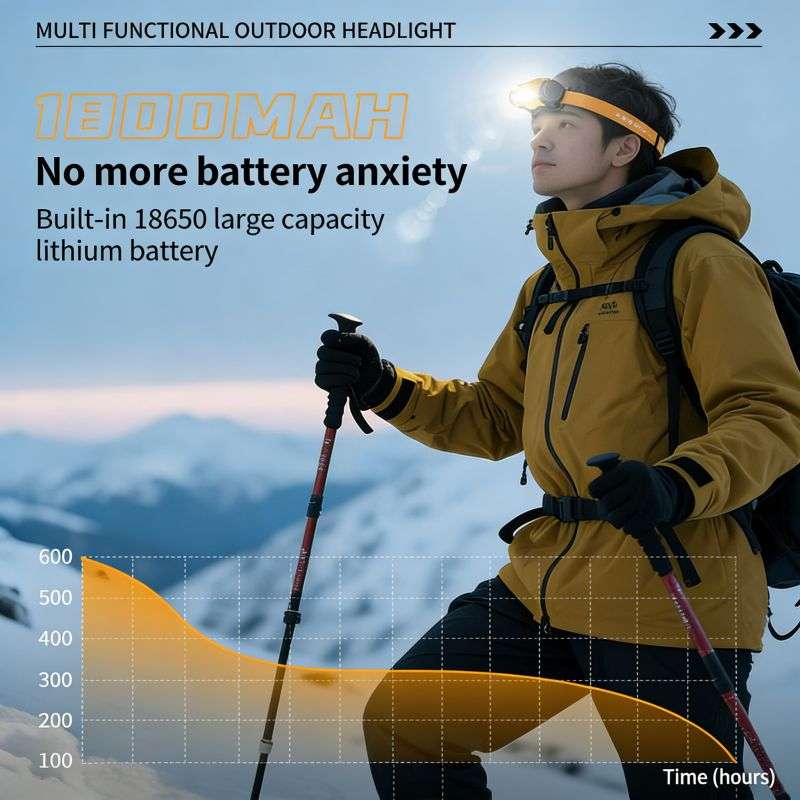 Hiker with yellow jacket uses a high-capacity headlamp during a trek.