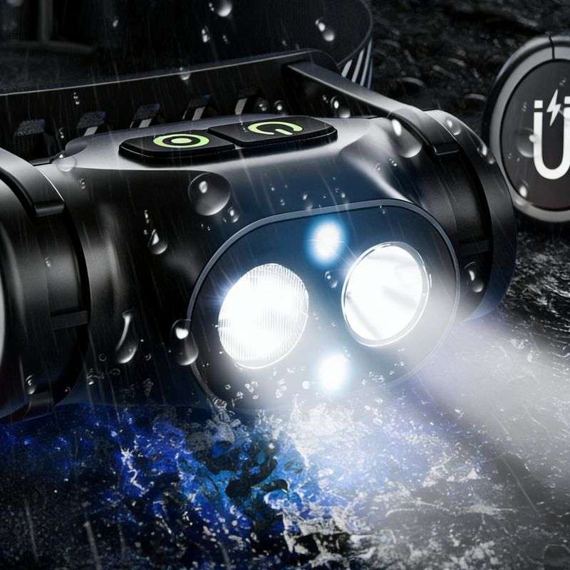 Waterproof outdoor headlamp with bright LED lights and charging indicator.