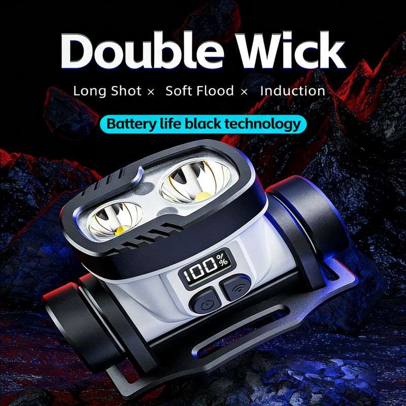 Double wick headlamp with 100% battery display