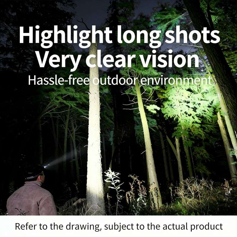 Man wearing headlamp hiking through a dark forest at night