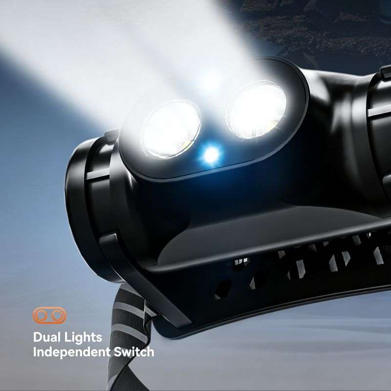Close-up of headlamp with dual lights and independent switch